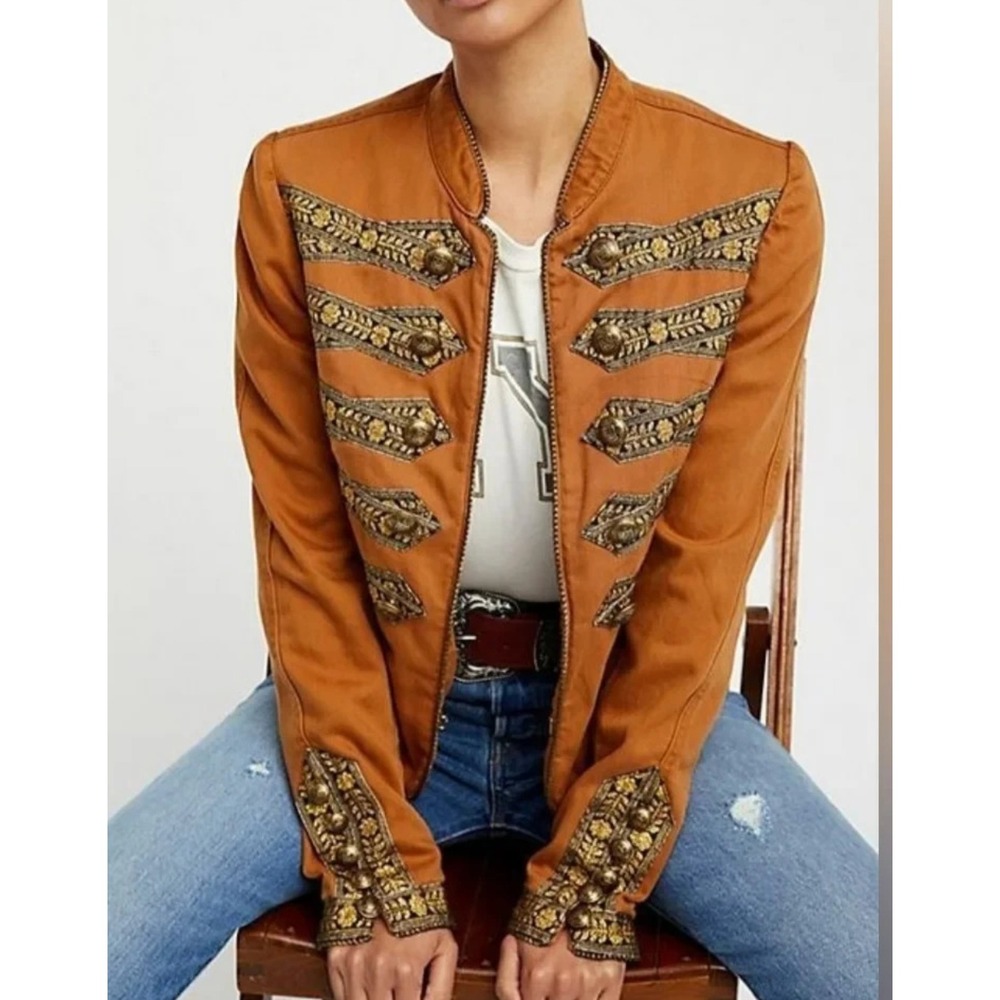 Free People Rust Embellished Military-Style Jacket L Band Coat Embroidered Gold